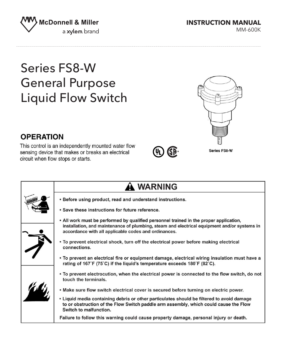 MM 600K Series FS8-W General Purpose Liquid Flow Switch