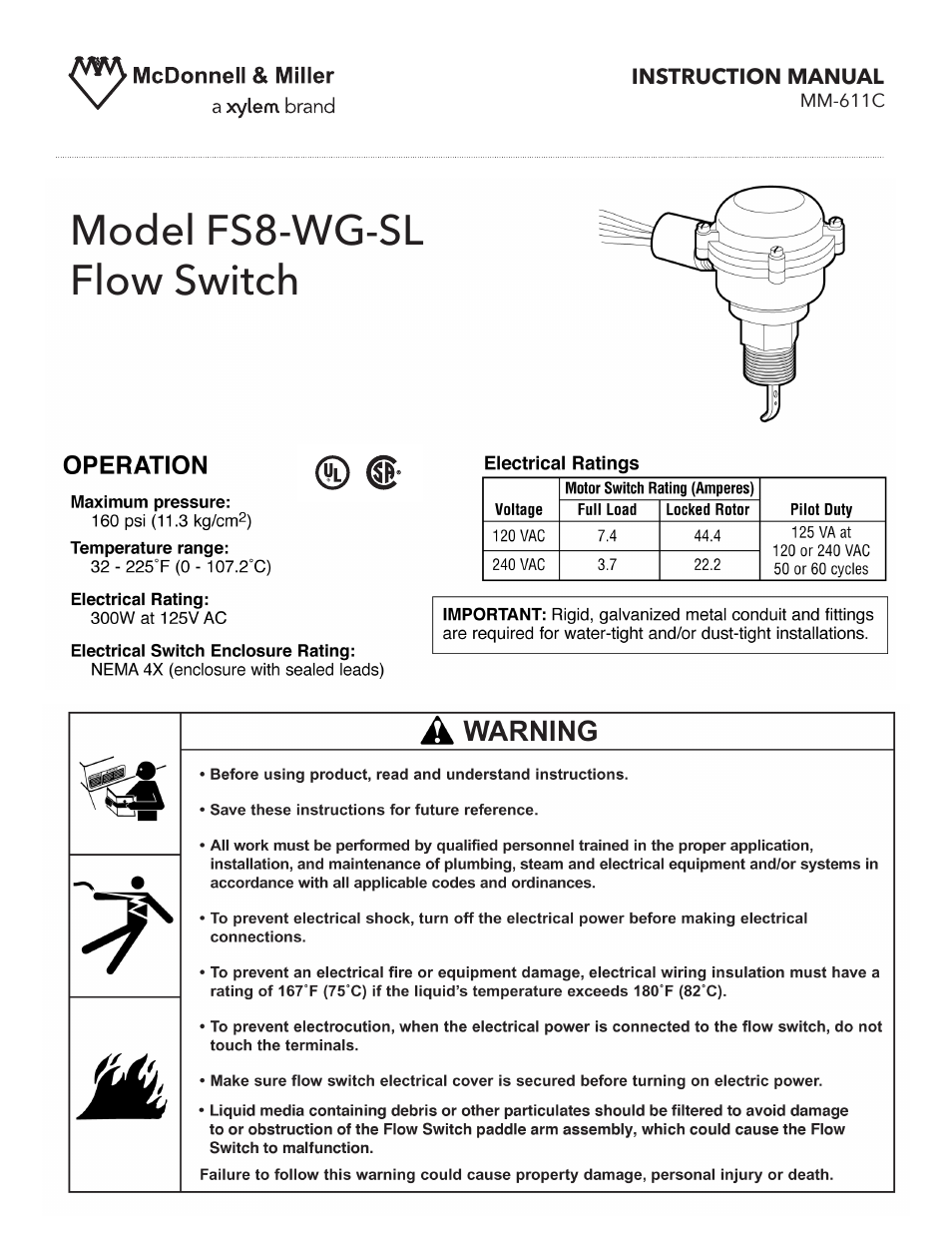 MM 611C Model FS8-WG-SL Flow Switch