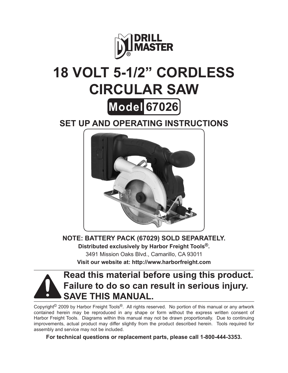 18 Volt 5-1/2 Cordless Circular Saw 67026