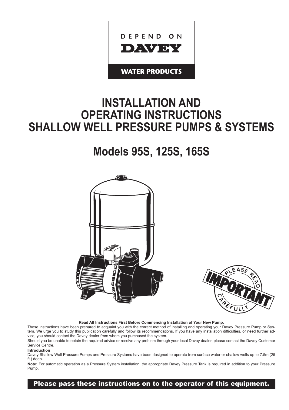 165S SHALLOW WELL PRESSURE PUMPS & SYSTEMS