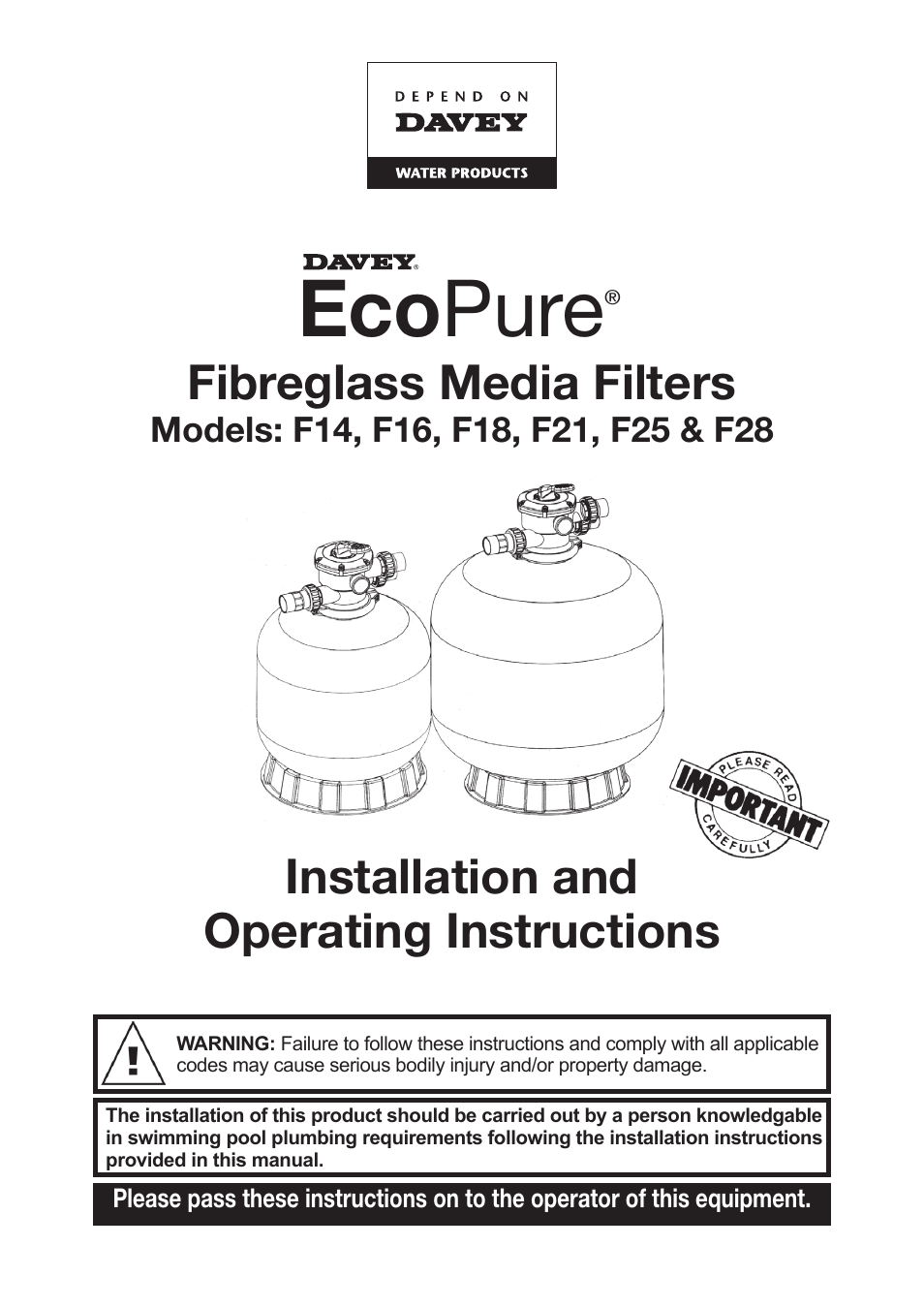 ECOPURE F14, F16, F18, F21, F25 & F28 Fibreglass Media Filters