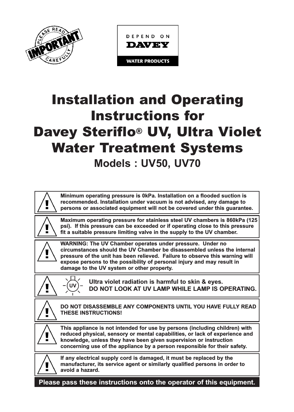 UV50 Steriflo UV, Ultra Violet Water Treatment Systems