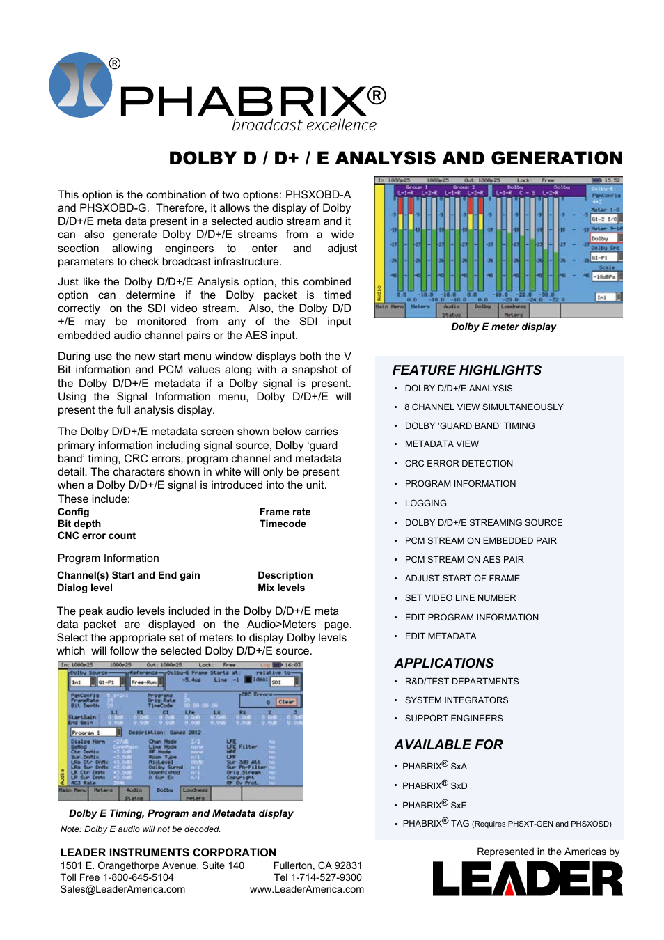 PHABRIX DOLBY D_D+_E ANALYSIS AND GENERATION