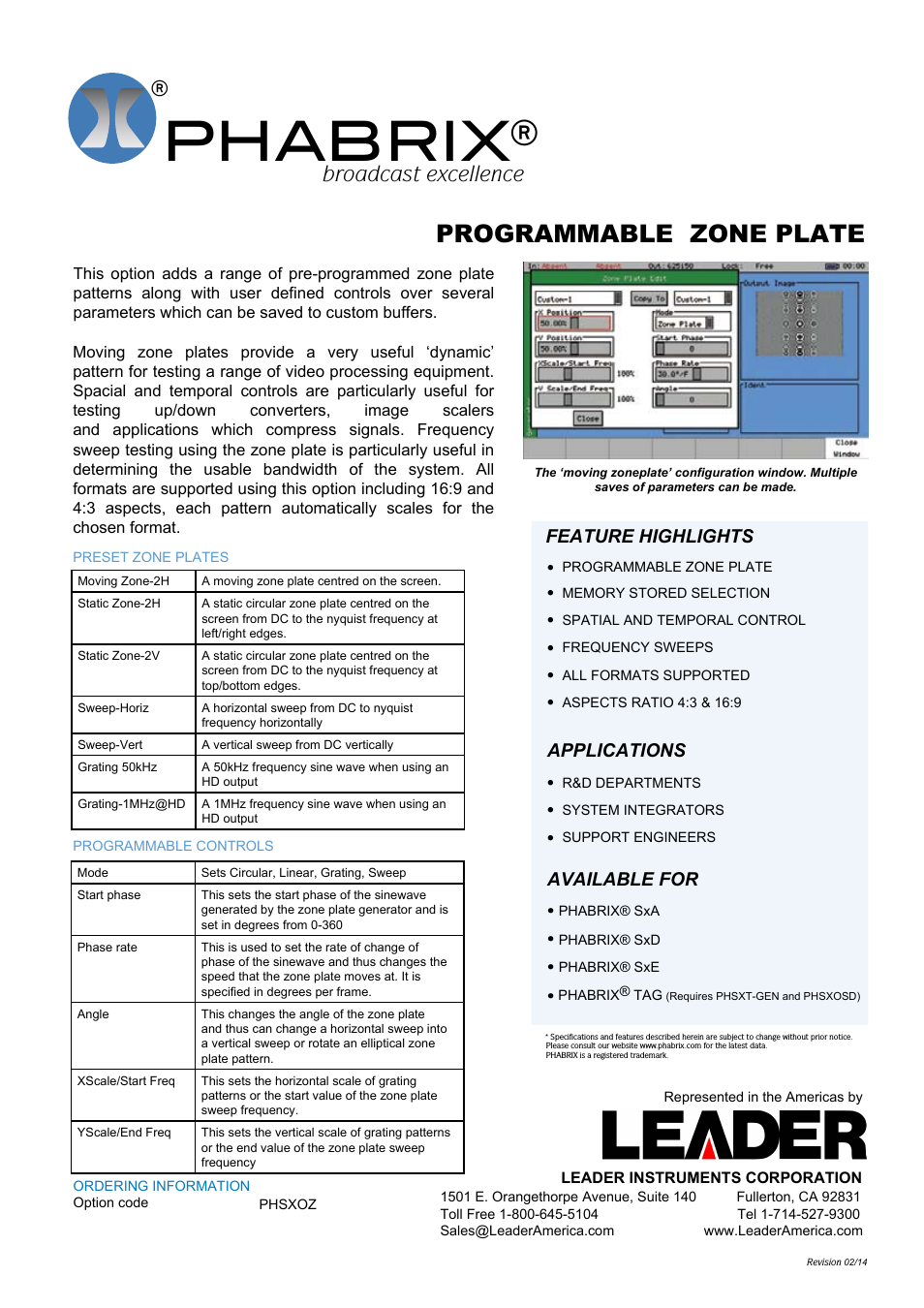 PHABRIX PROGRAMMABLE ZONE PLATE