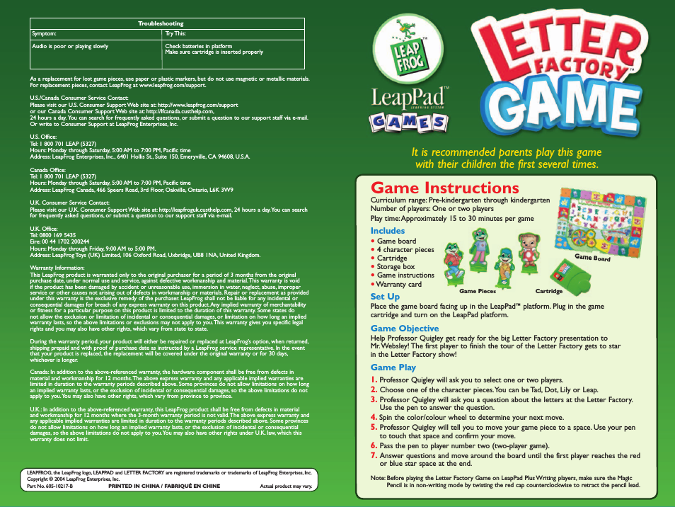 Leap Frog Letter Factory Game 605-10217-B