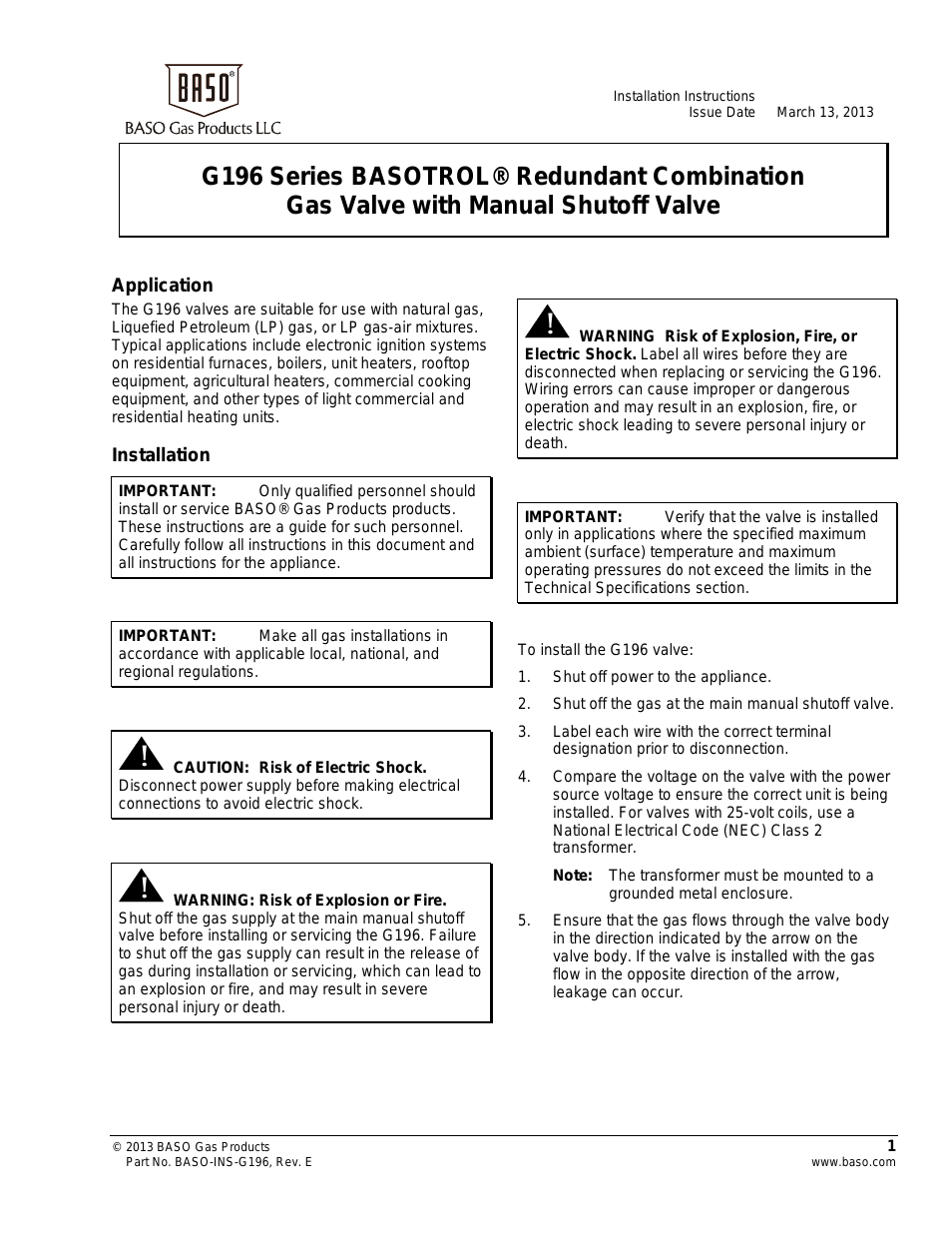 G196 Series BASOTROL Redundant Combination Gas Valve with Manual Shutoff Valve