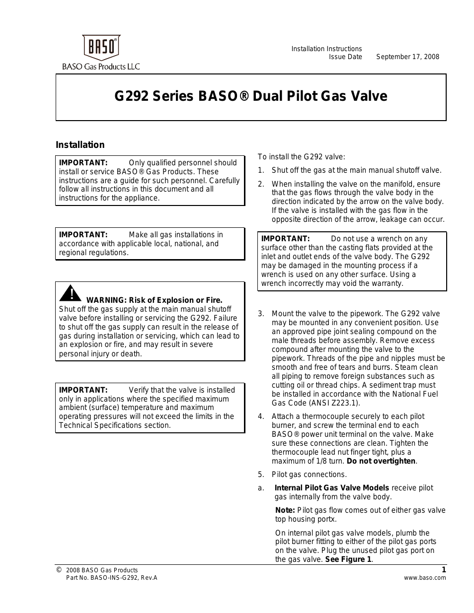 G292 Series Dual Pilot Gas Valve