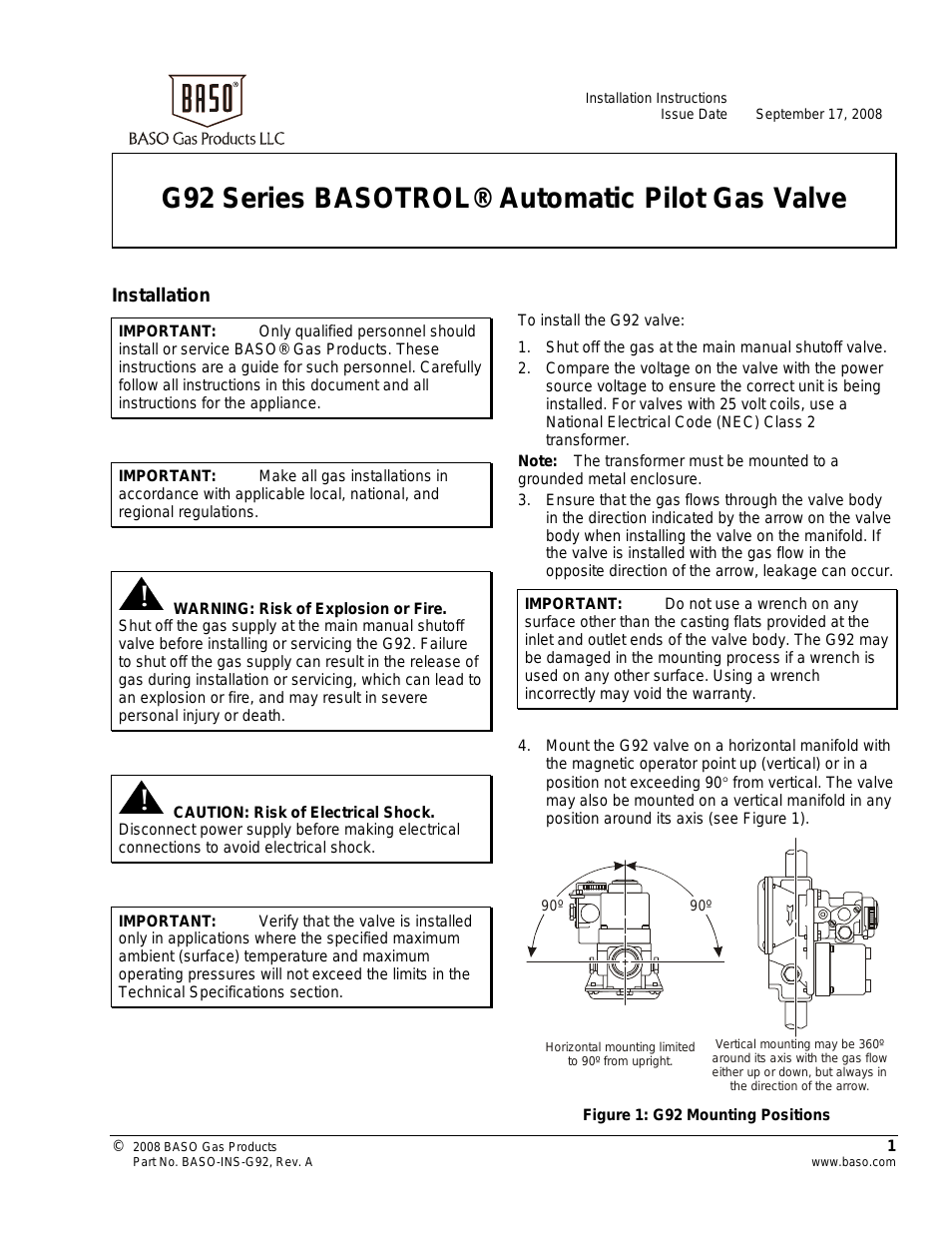 G92 Series Automatic Pilot Gas Valve