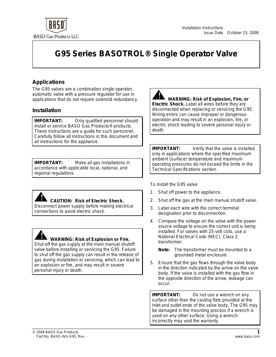 G95 Series Single Operator Valve