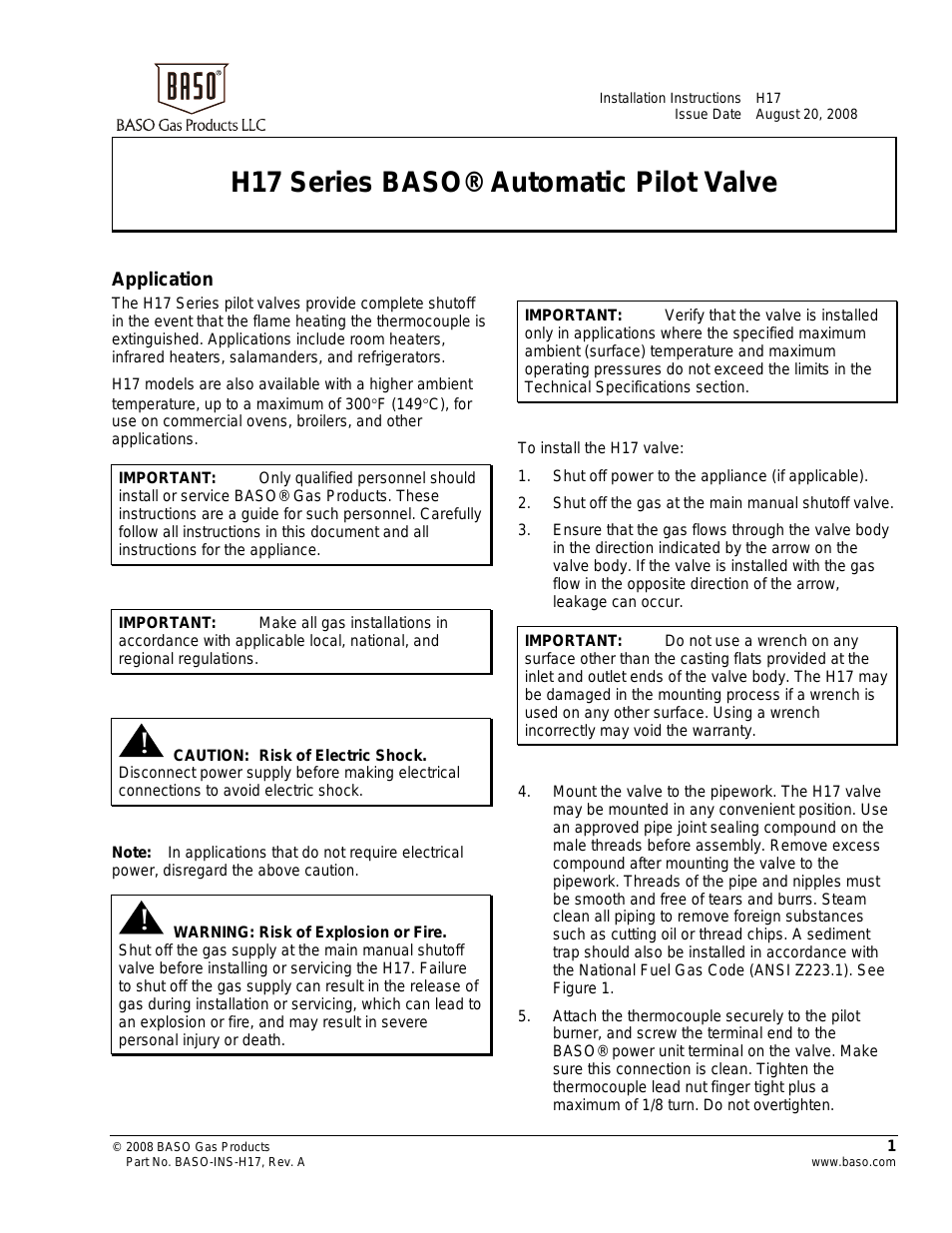H17 Series Automatic Pilot Valve