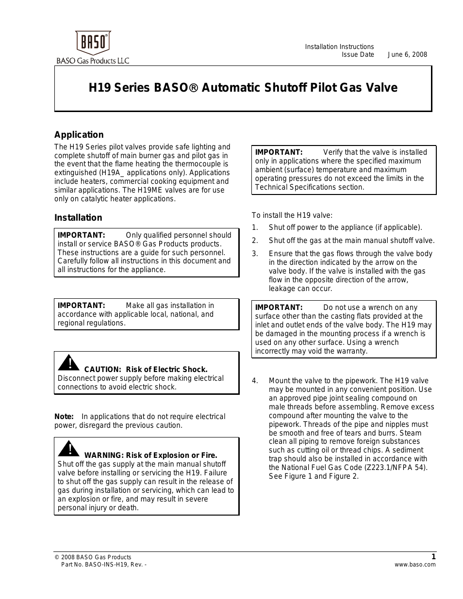 H19 Series Automatic Shutoff Pilot Gas Valve