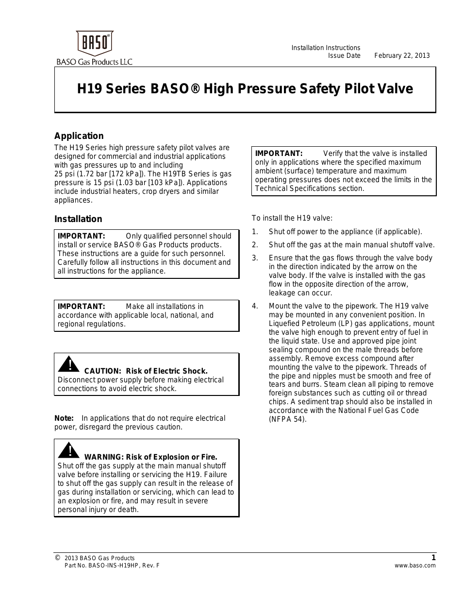 H19 Series High Pressure Safety Pilot Valve