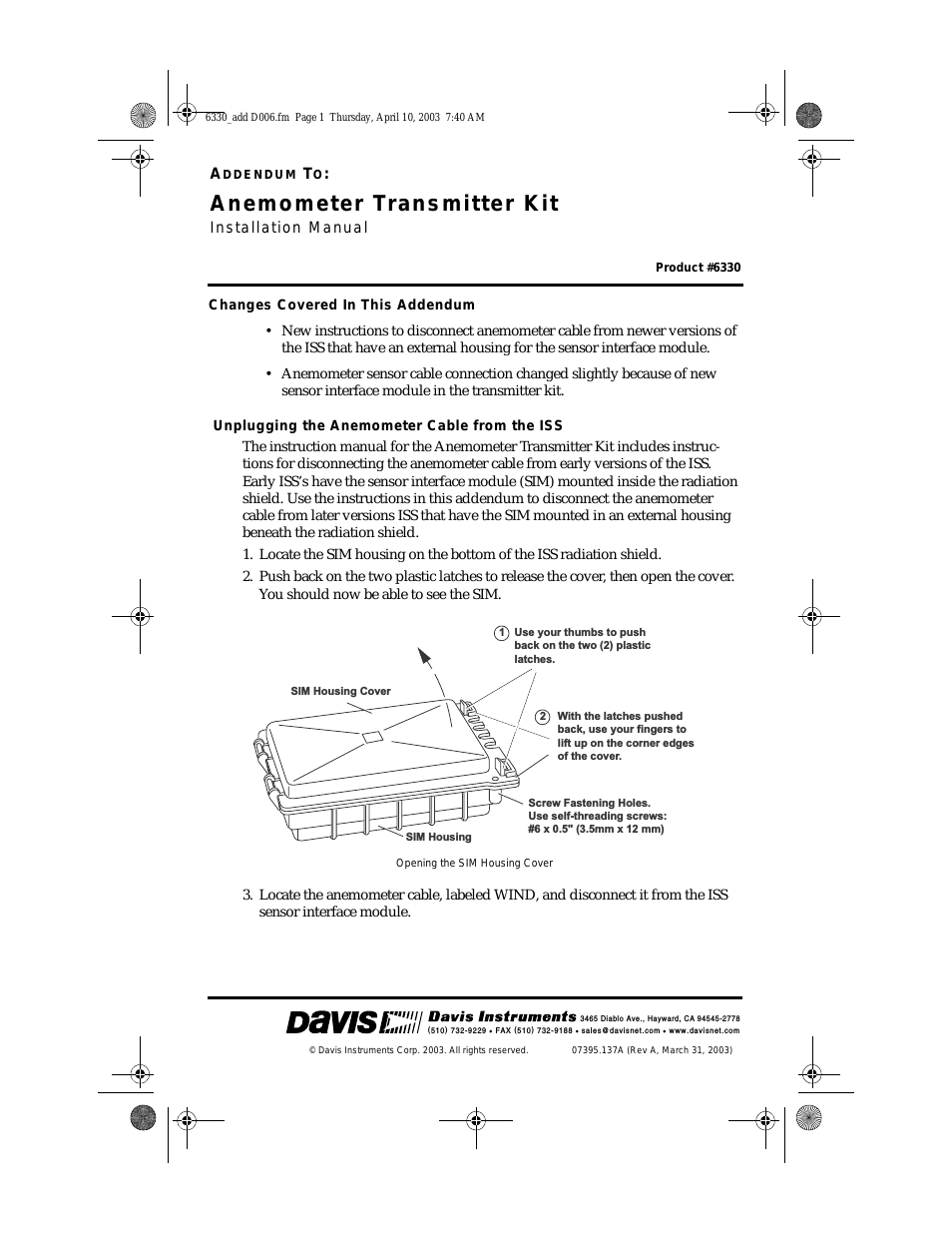 Anemometer Transmitter Kit Addendum