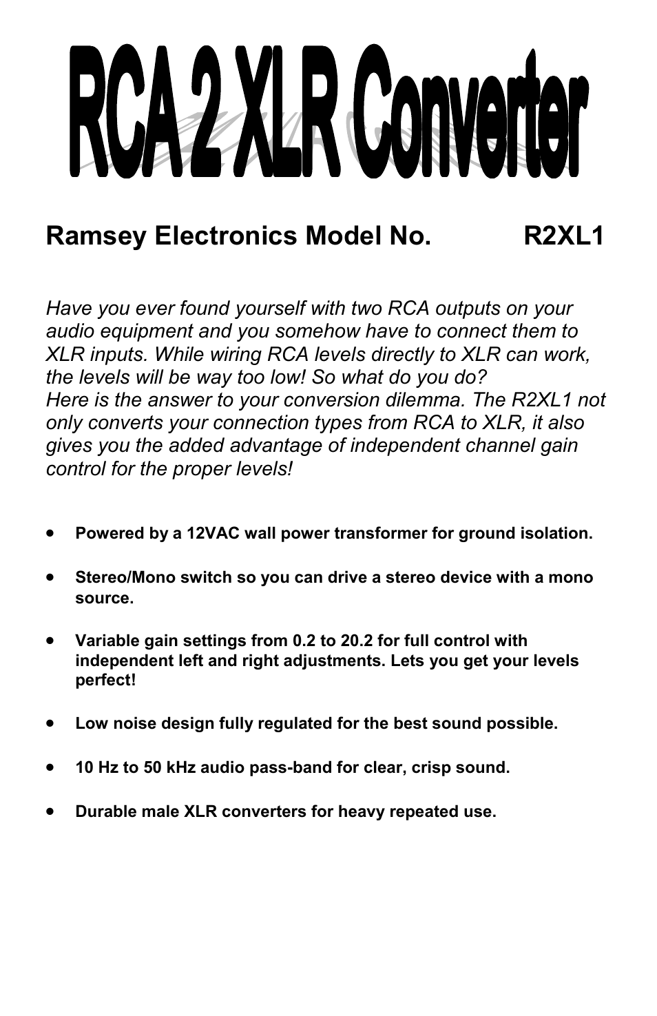 RCA to XLR Converter R2XL1