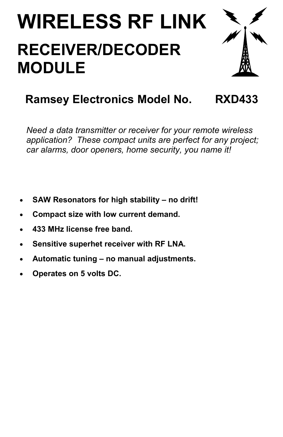 Wireless RF Link Receiver/Decoder RXD433