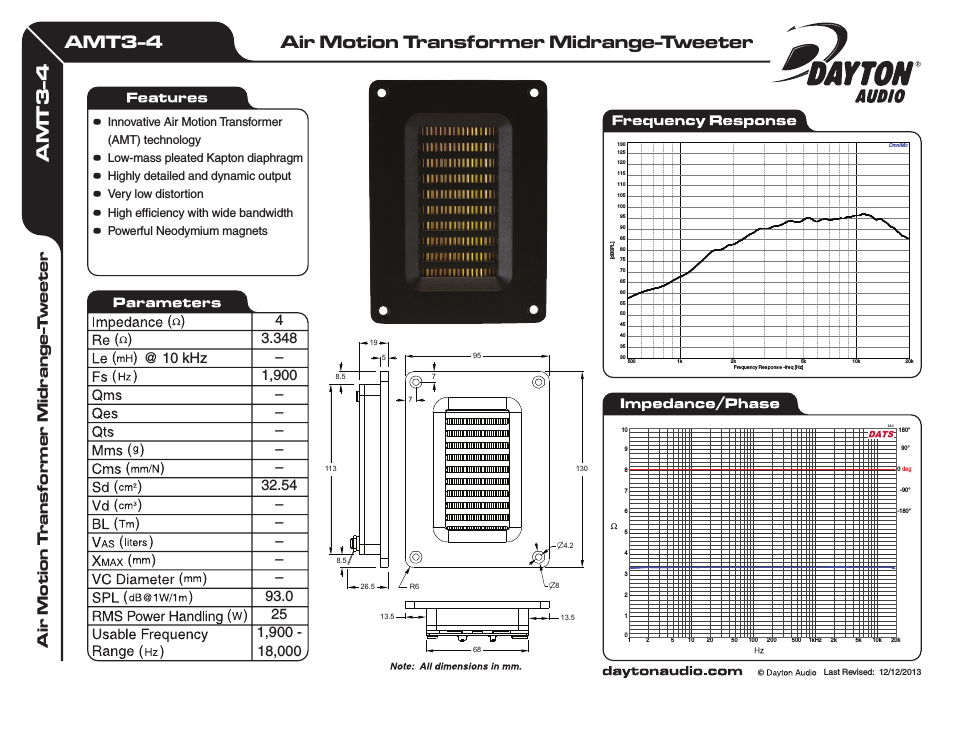 AMT3-4 Air Motion Transformer Tweeter 4 Ohm