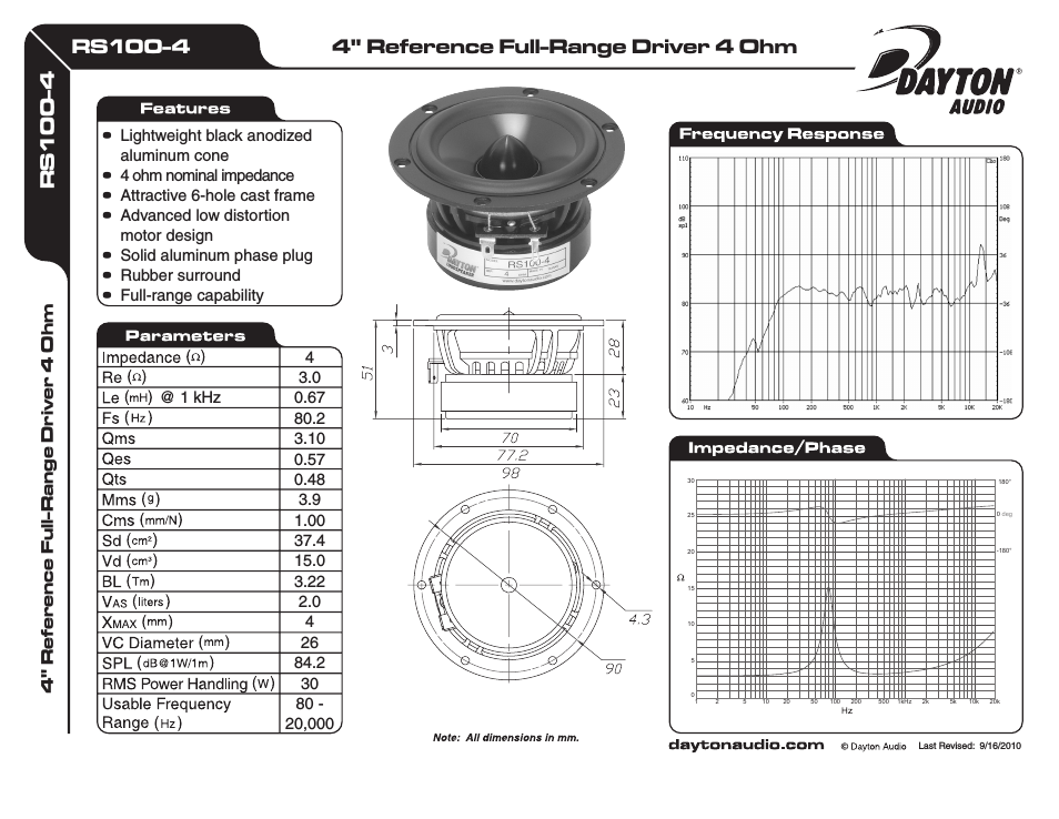 RS100-4 4" Reference Full-Range Driver 4 Ohm