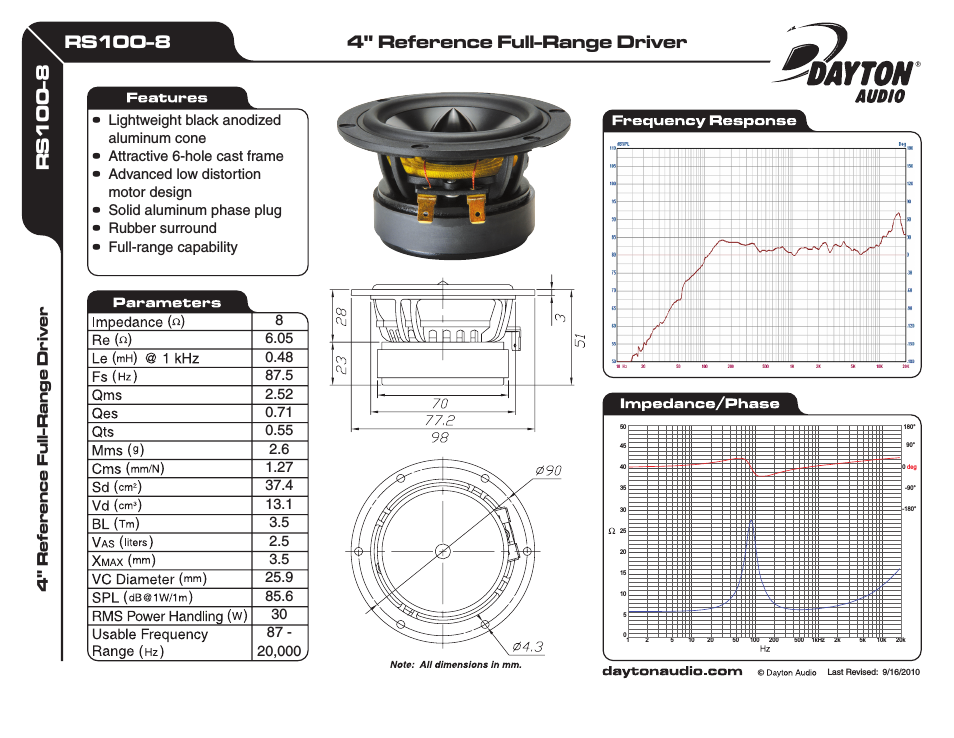 RS100-8 4" Reference Full-Range Driver 8 Ohm