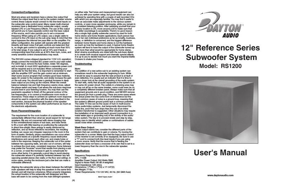RS1200K 12" Reference Series Subwoofer Kit