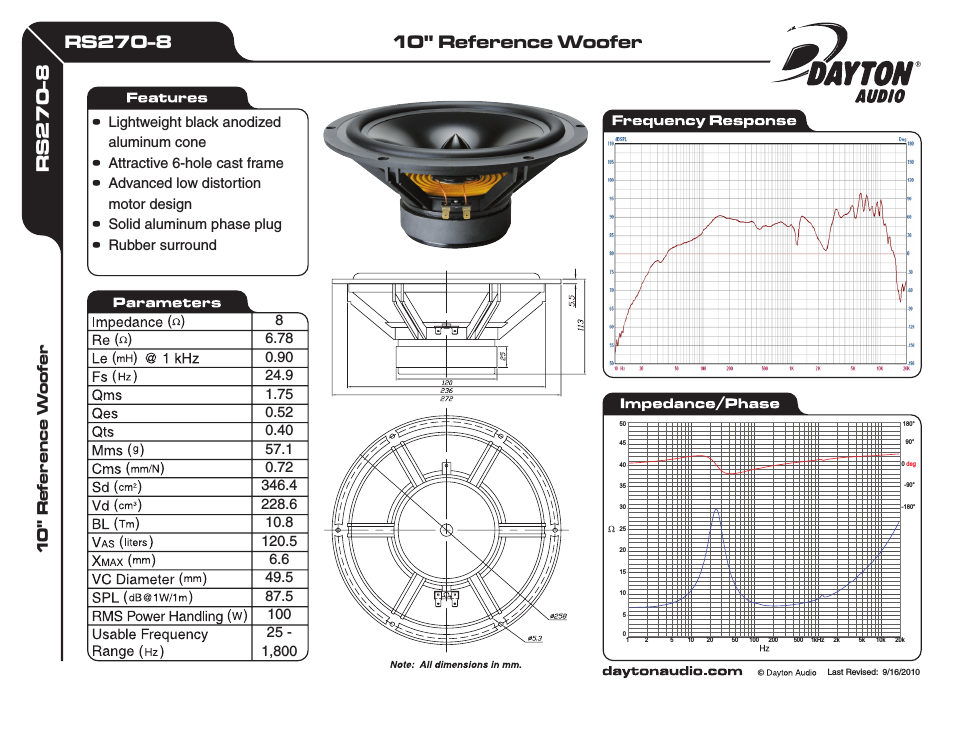 RS270-8 10" Reference Woofer 8 Ohm