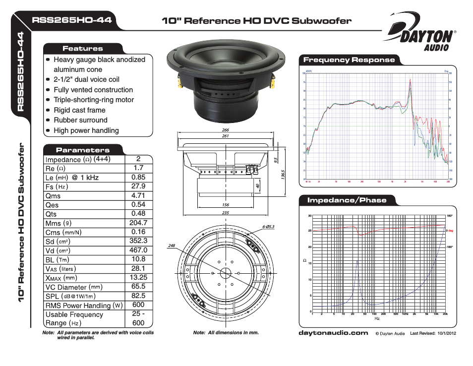 RSS265HO-44 10" Reference HO DVC Subwoofer 2 Ohm
