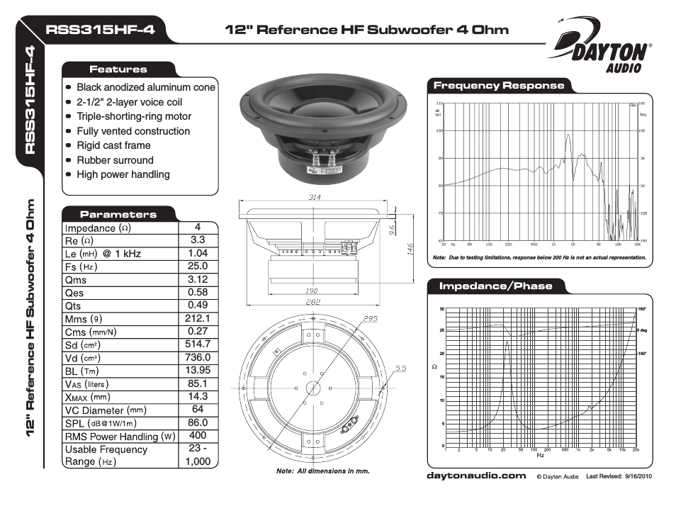 RSS315HF-4 12" Reference HF Subwoofer 4 Ohm