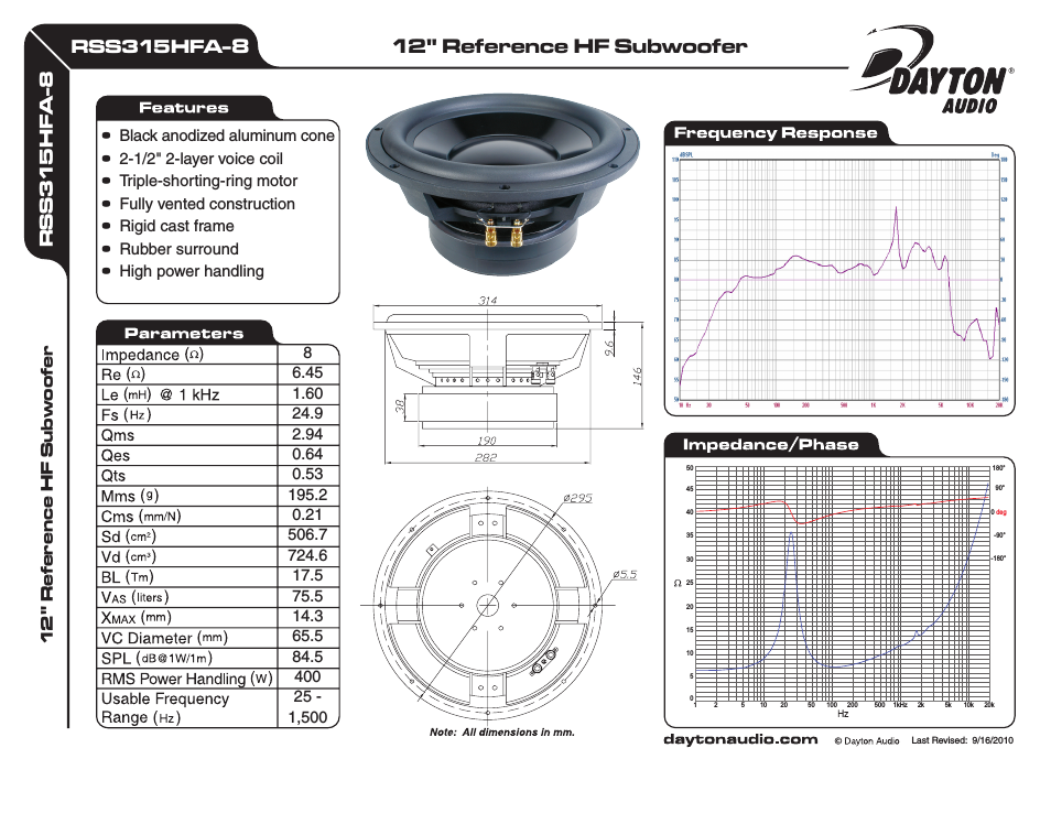 RSS315HFA-8 12" Reference HF Subwoofer 8 Ohm