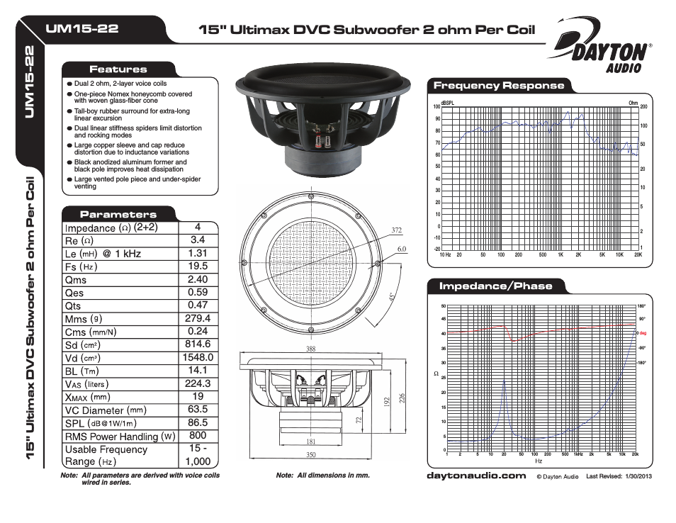 UM15-22 15" Ultimax DVC Subwoofer 2 ohm Per Coil