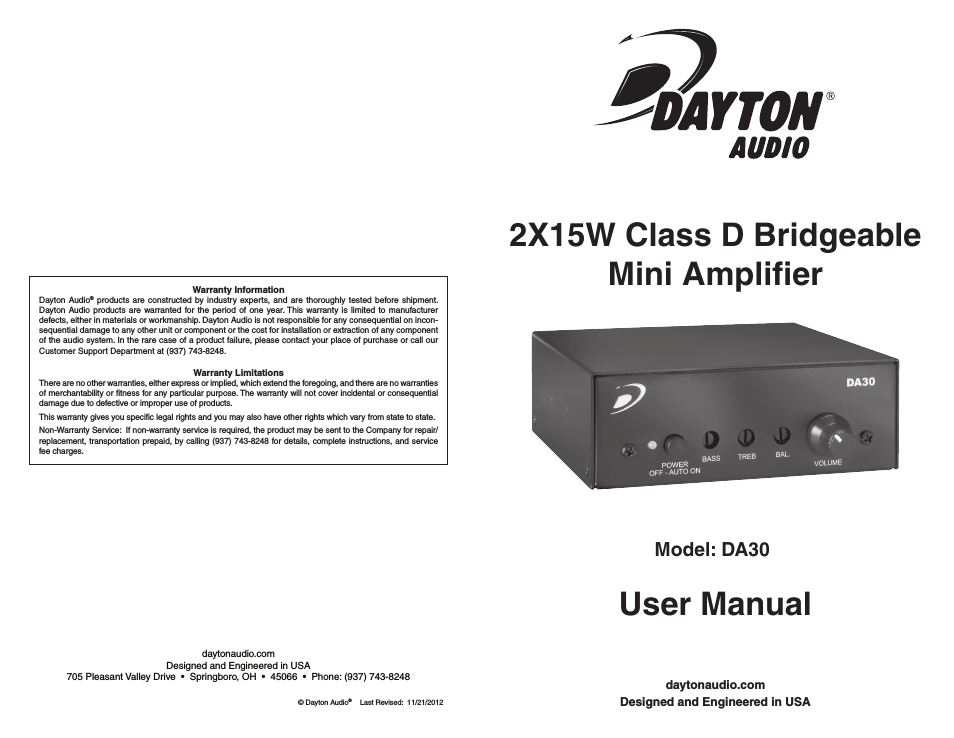 DA30 2X15W Class D Bridegable Mini Amplifier