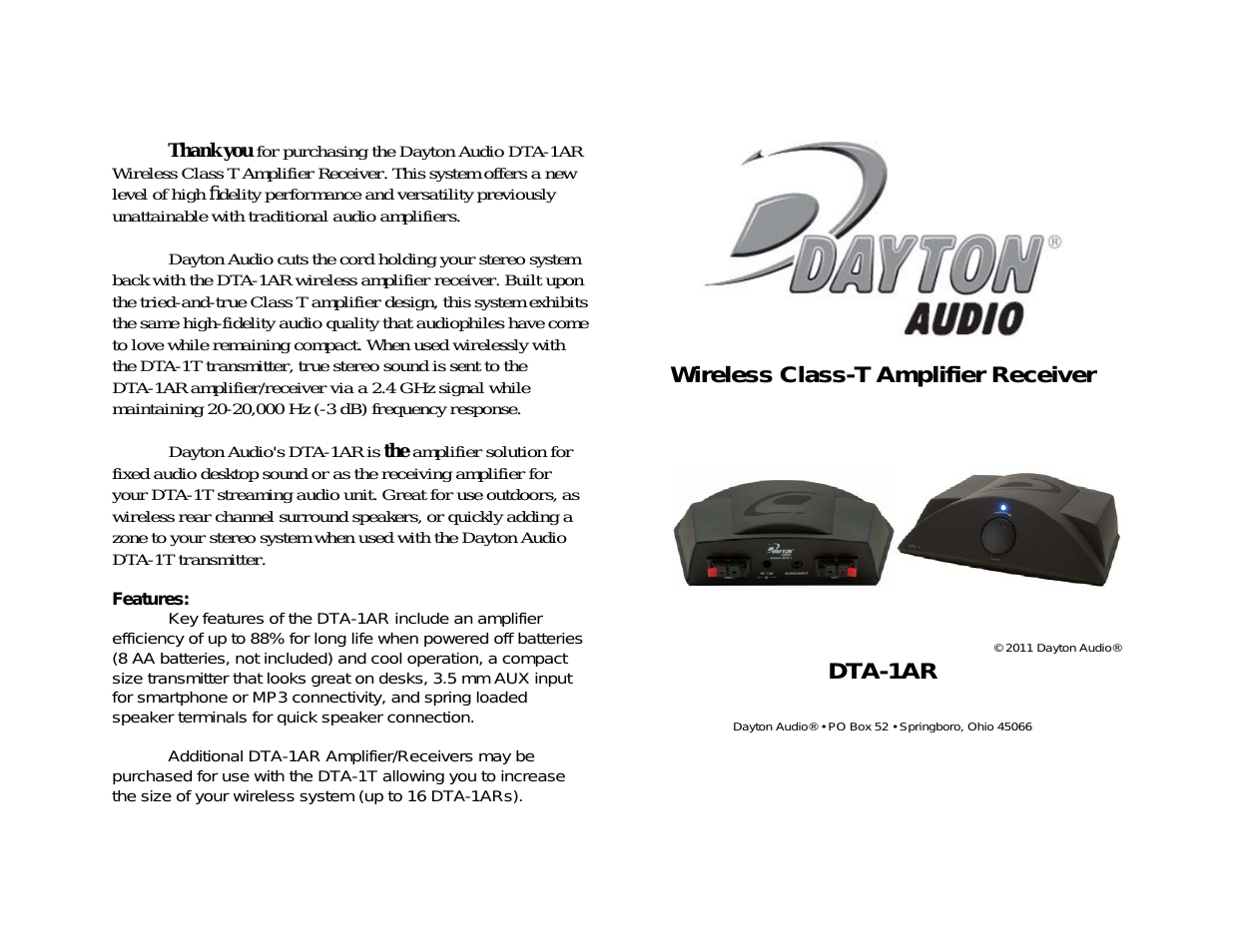 DTA-1AR Wireless Class T Digital Amp__Receiver 15 WPC