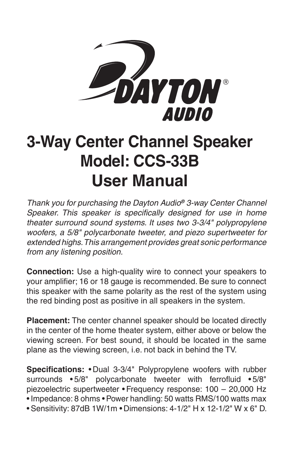 CCS-33B 3-Way Center Channel Speaker Black