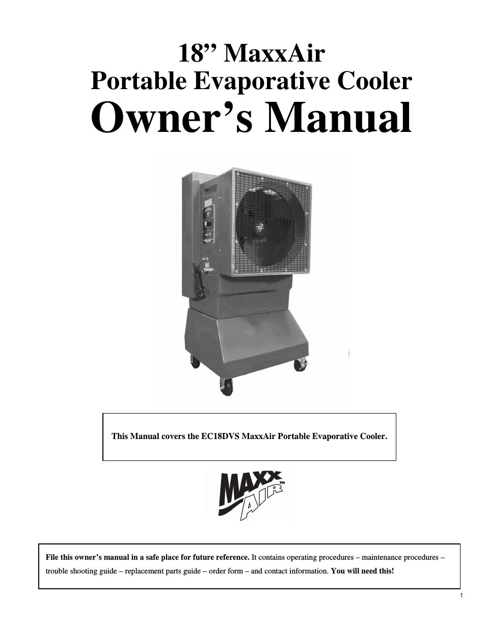 18” MaxxAir Portable Evaporative Cooler Owner’s Manual