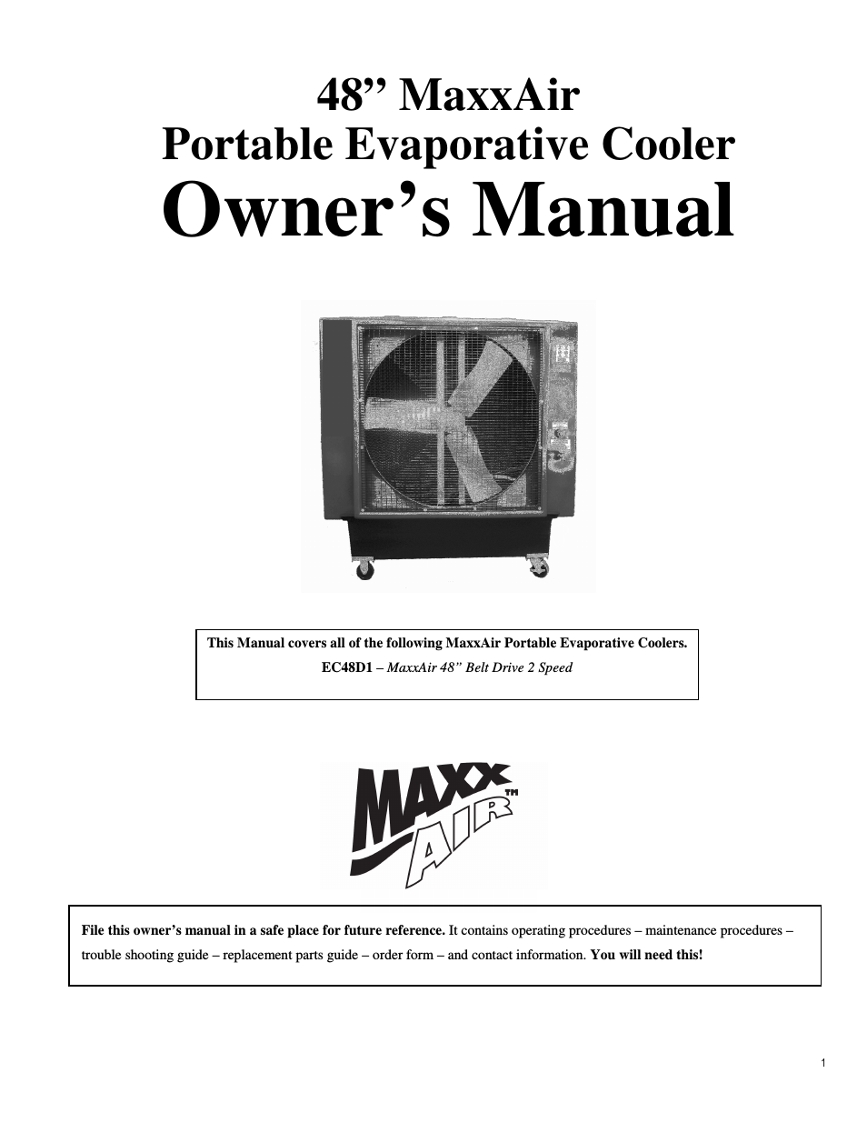 48” MaxxAir Portable Evaporative Cooler Owner’s Manual