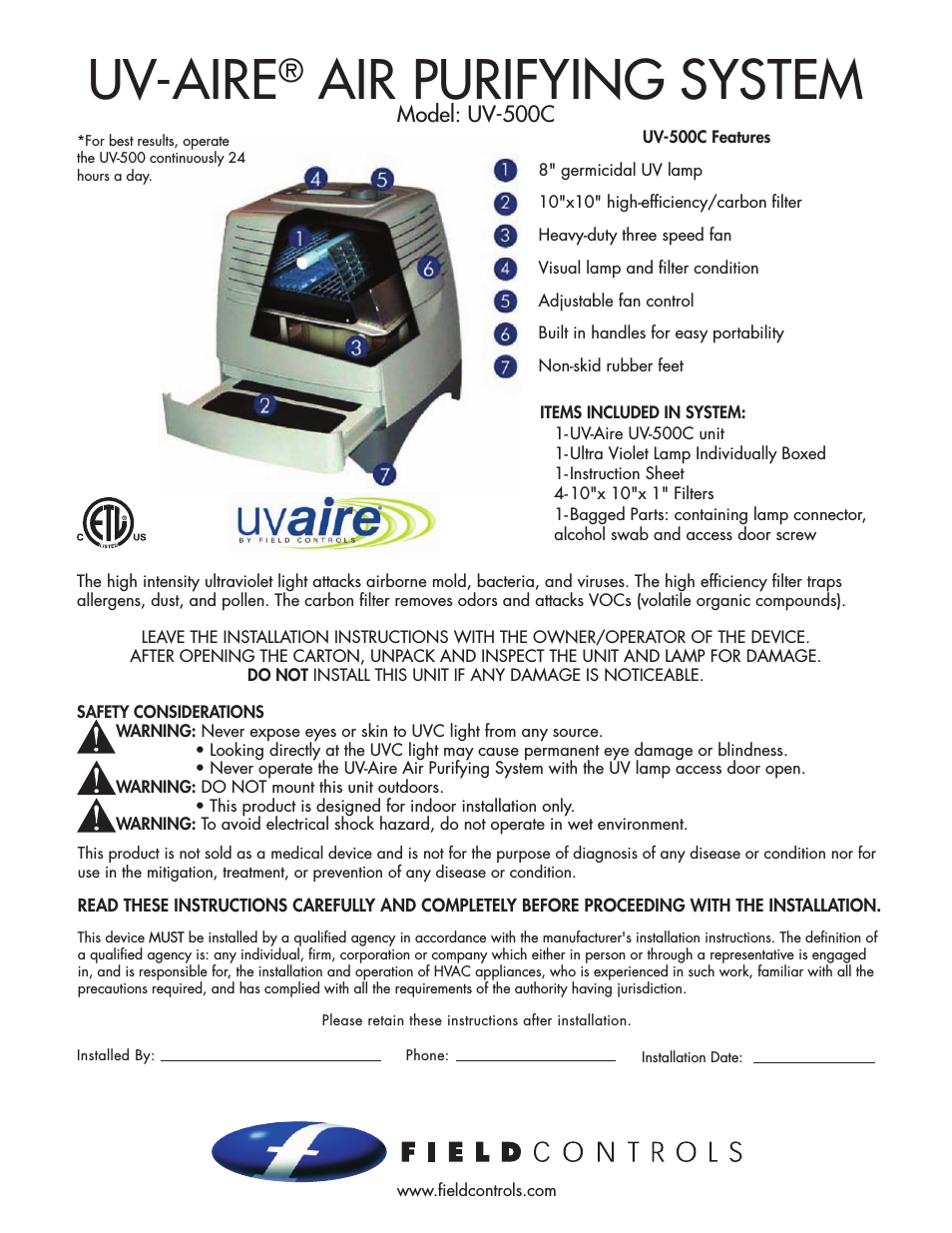 UV-Aire Air Purifying System UV-500C