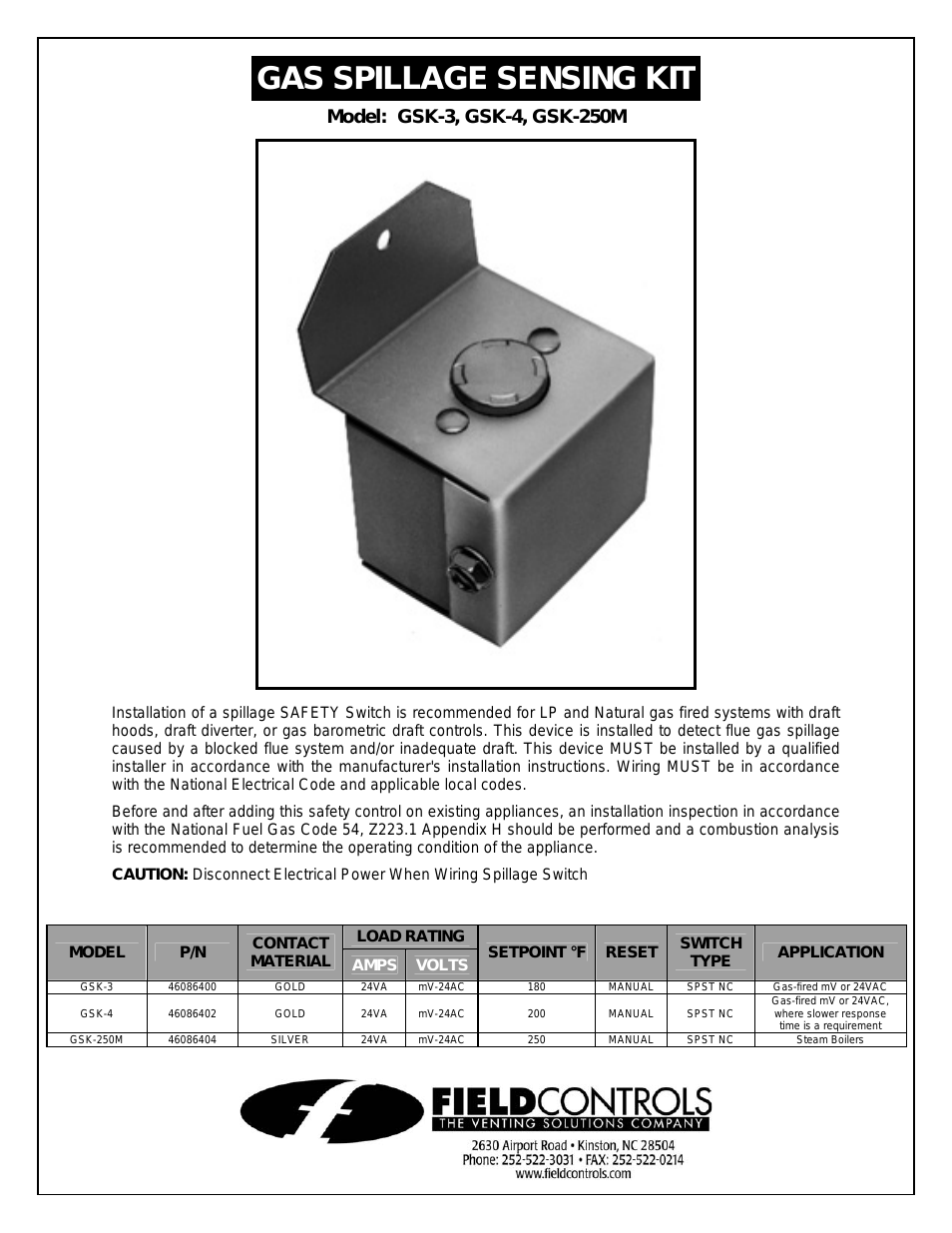 Gas Spillage Sensing Kit GSK-250M