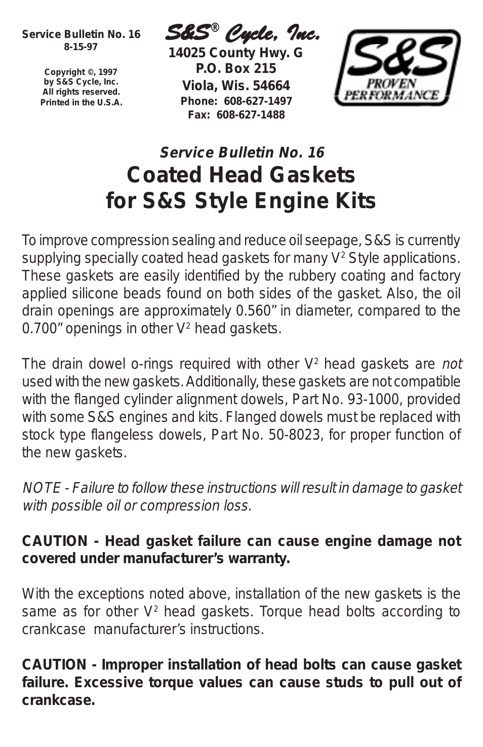 Coated Head Gaskets for S&S Style Engine Kits