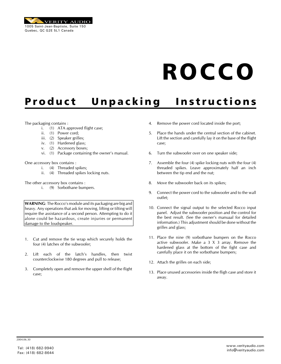 Rocco - Packing / Unpacking Instructions