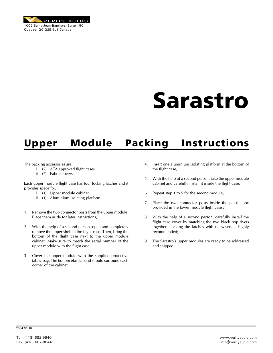 Sarastro IIS - Packing / Unpacking Instructions for Monitor