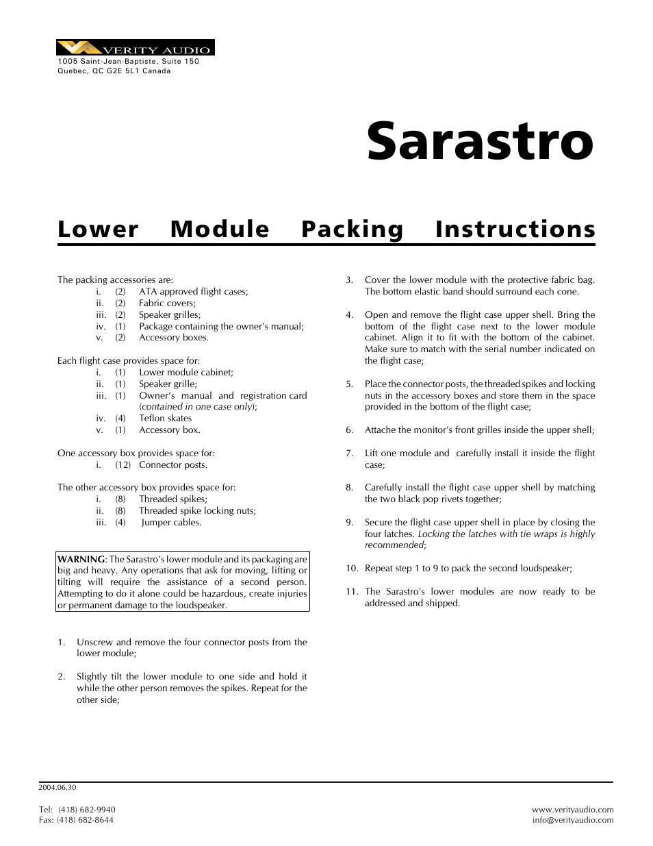 Sarastro IIS - Packing / Unpacking Instructions for Woofer