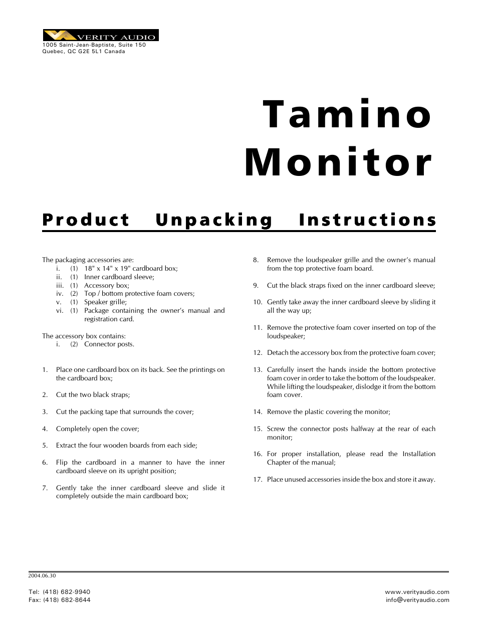 Tamino Monitor - Packing / Unpacking Instructions