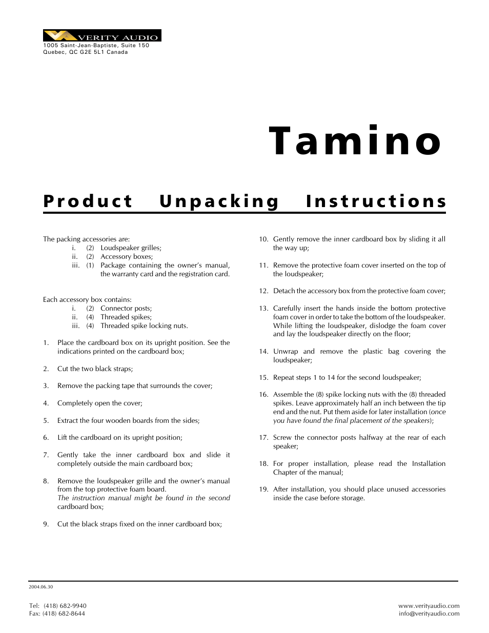 Tamino - Packing / Unpacking Instructions