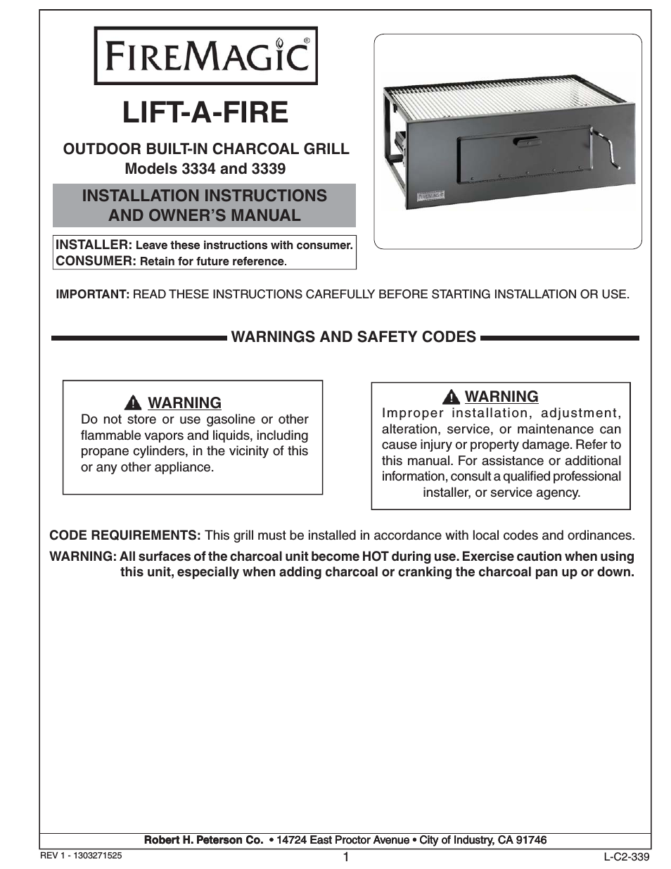 Lift-A-Fire Built-in Charcoal Grill 3339