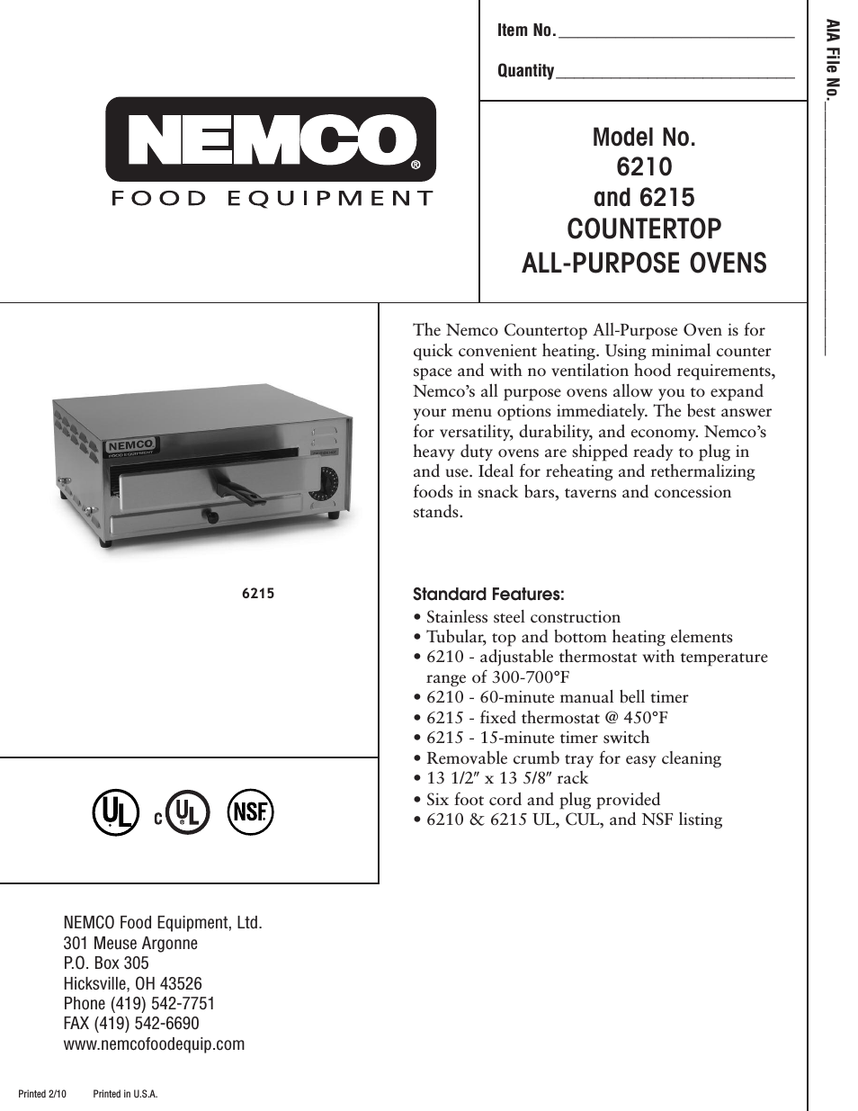 Countertop Ovens - Spec Sheet