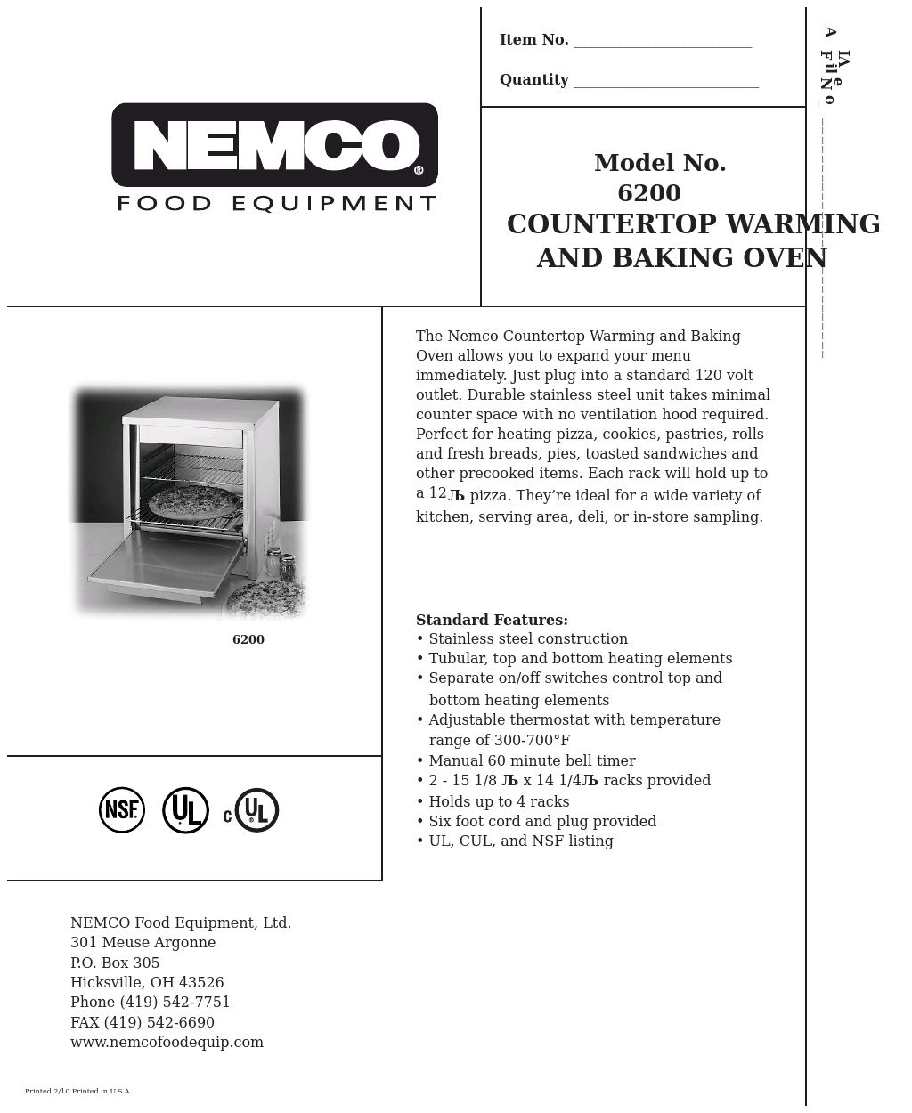 Countertop Warming & Baking Oven - Spec Sheet