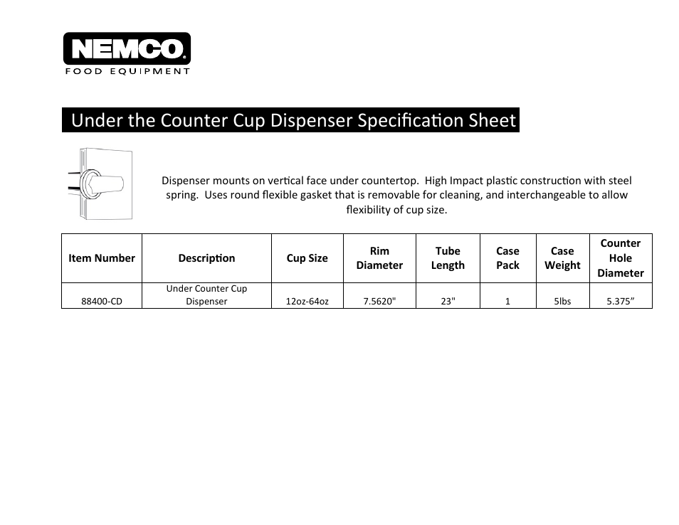 Cup Dispensing Accessories 88400-CD - Spec Sheet