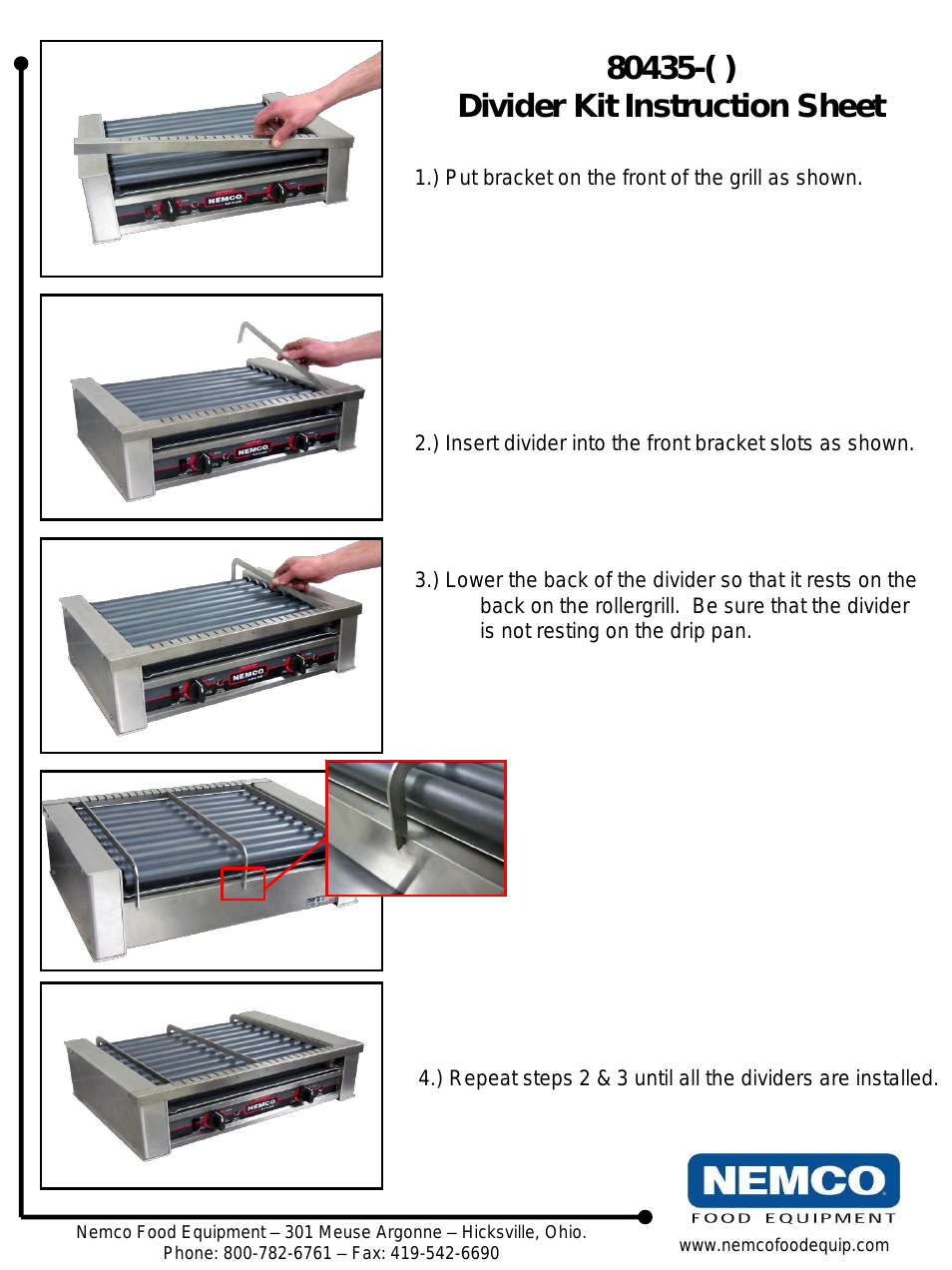 Hot Dog Roller Grill Accessories 80435 Series Divider Kit - Instruction Sheet