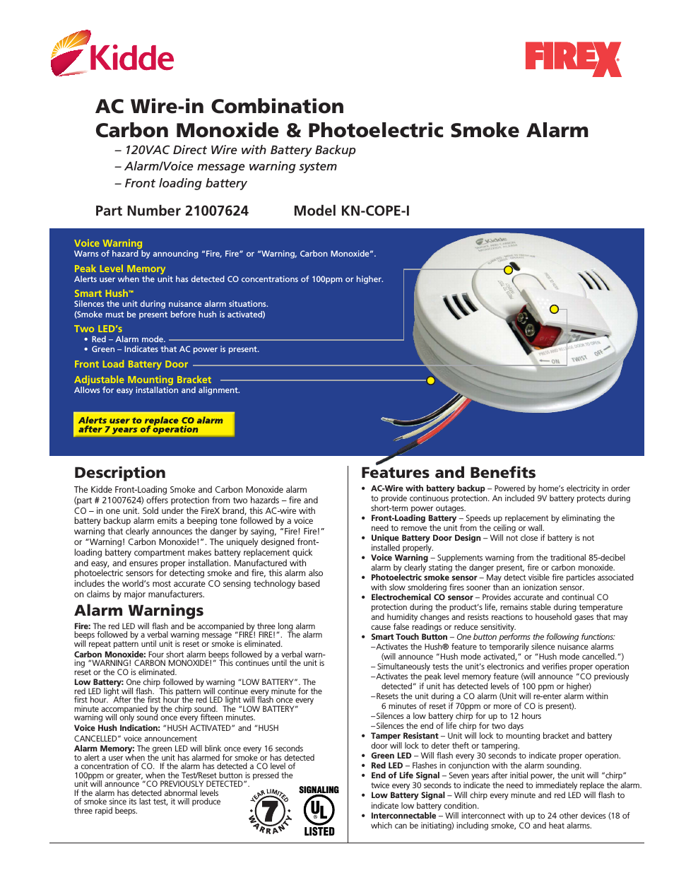 AC Wire-in Combination Carbon Monoxide & Photoelectric Smoke Alarm KN-COPE-1