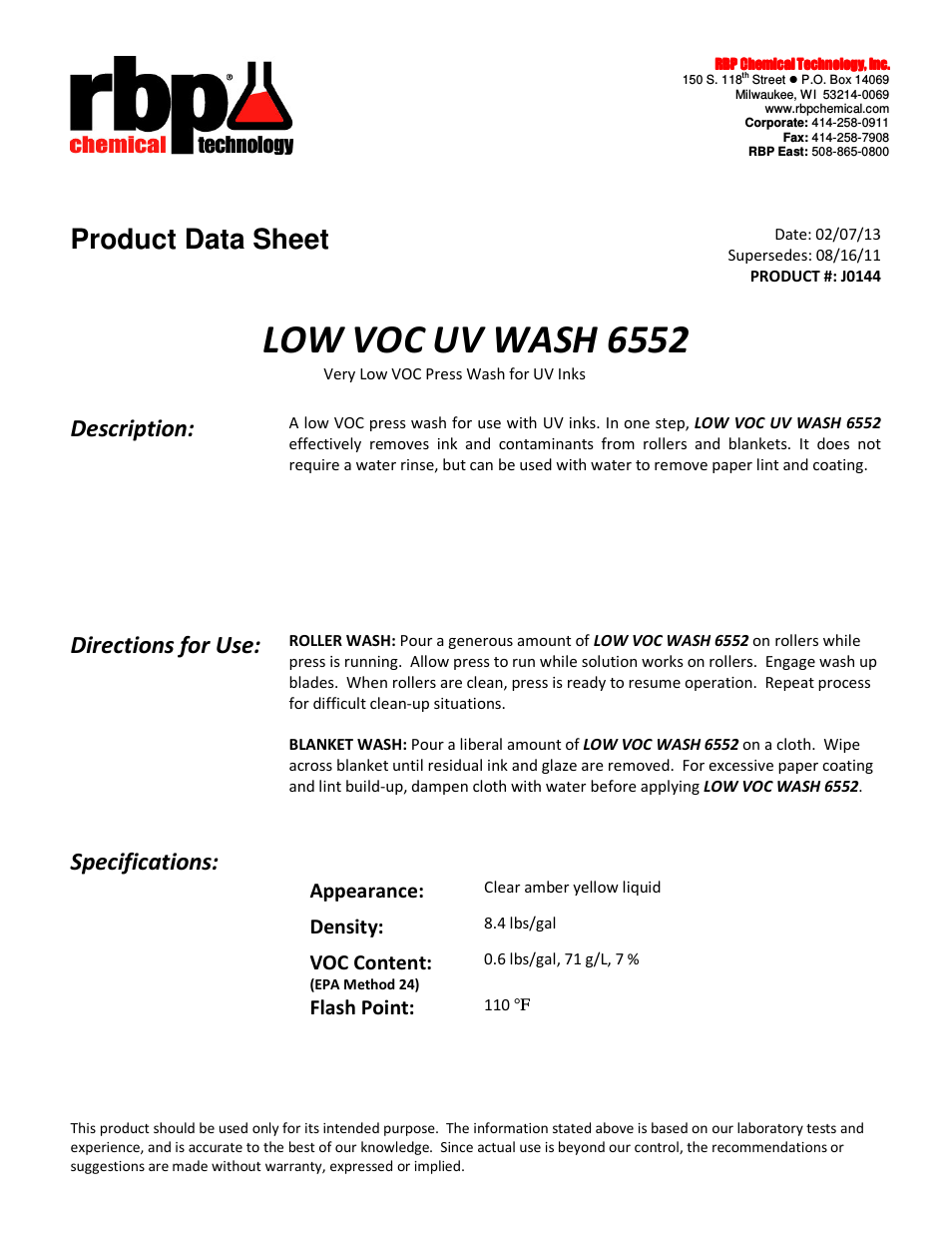 J0144 LOW VOC UV WASH 6552