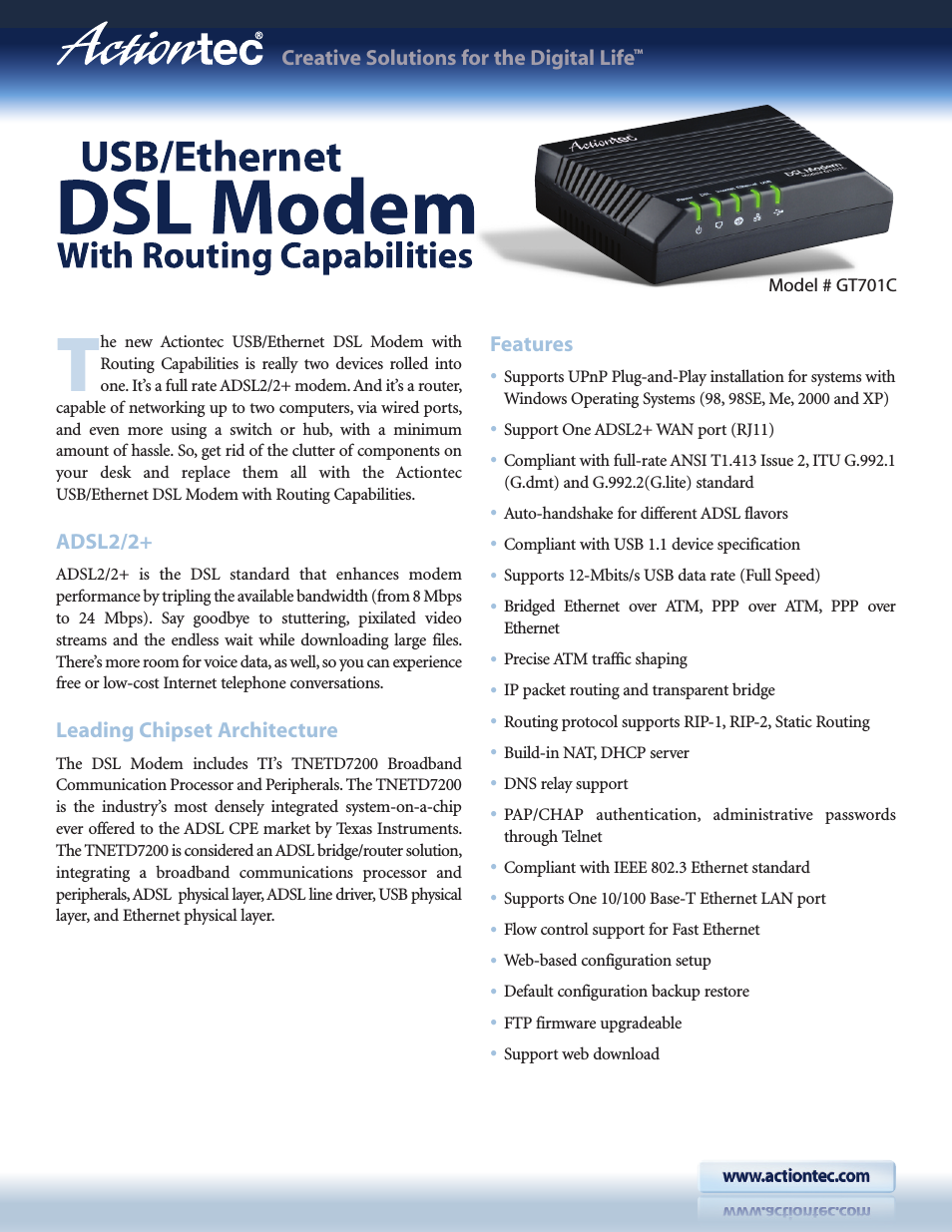 Actiontec USB/Ethernet DSL Modem with Routing Capabilities GT701C