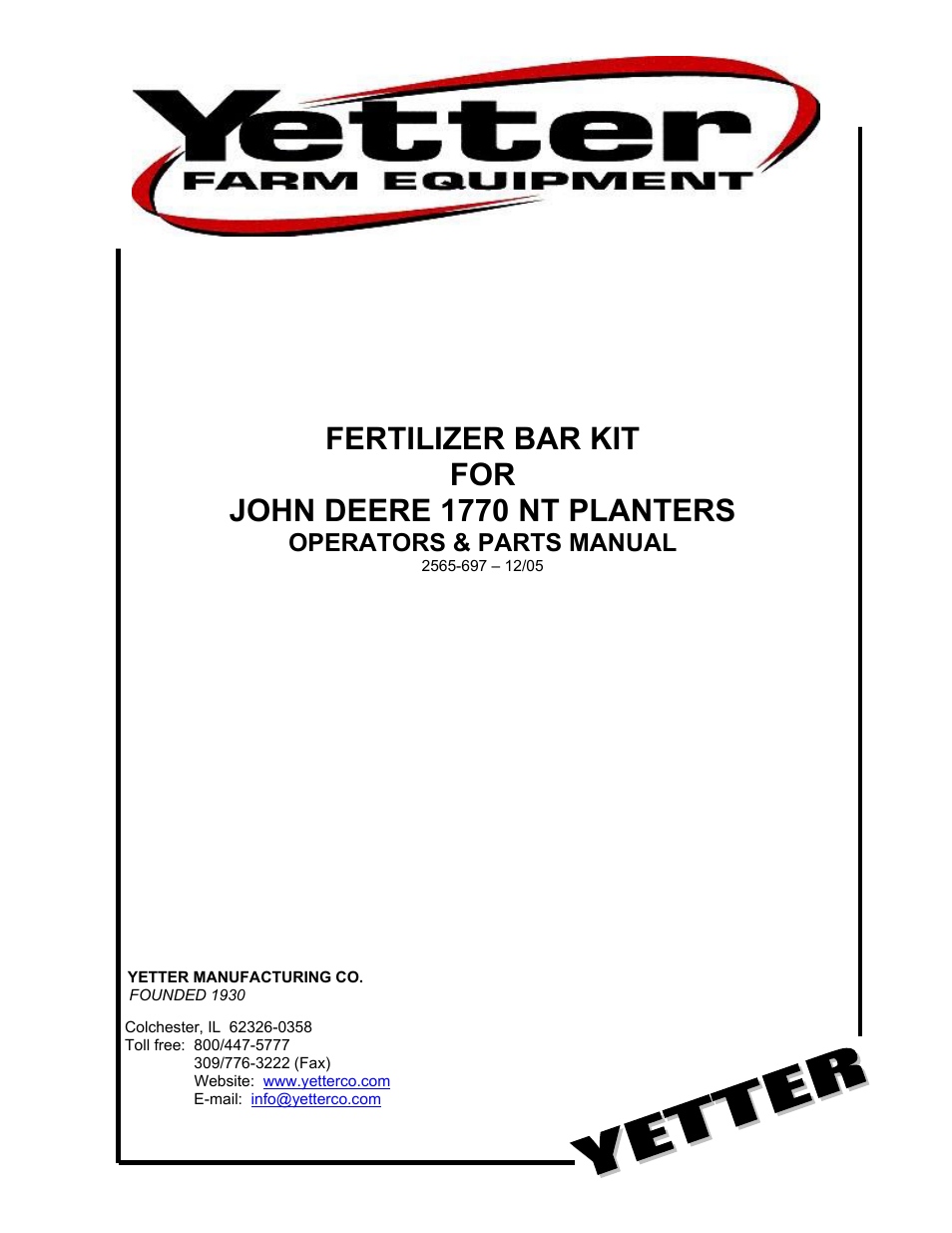 2995-170 Fertilizer Bar Kit for John Deere 1770 NT Planters